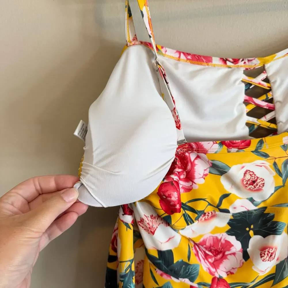 Womens‎ Yellow Floral Print Ruffle High Waist Bikini Set Swimwear 3XL